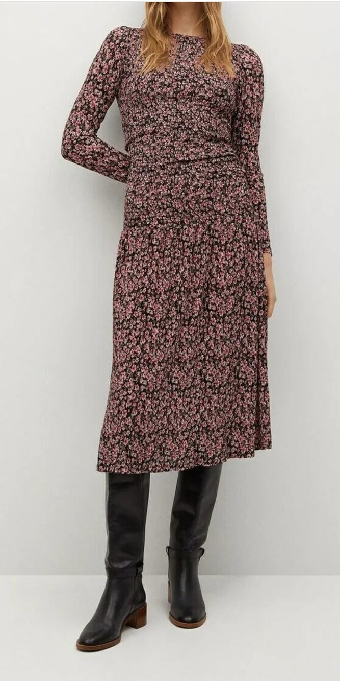 NWT MANGO Floral Smocked Long Sleeve Maxi Dress Size XL